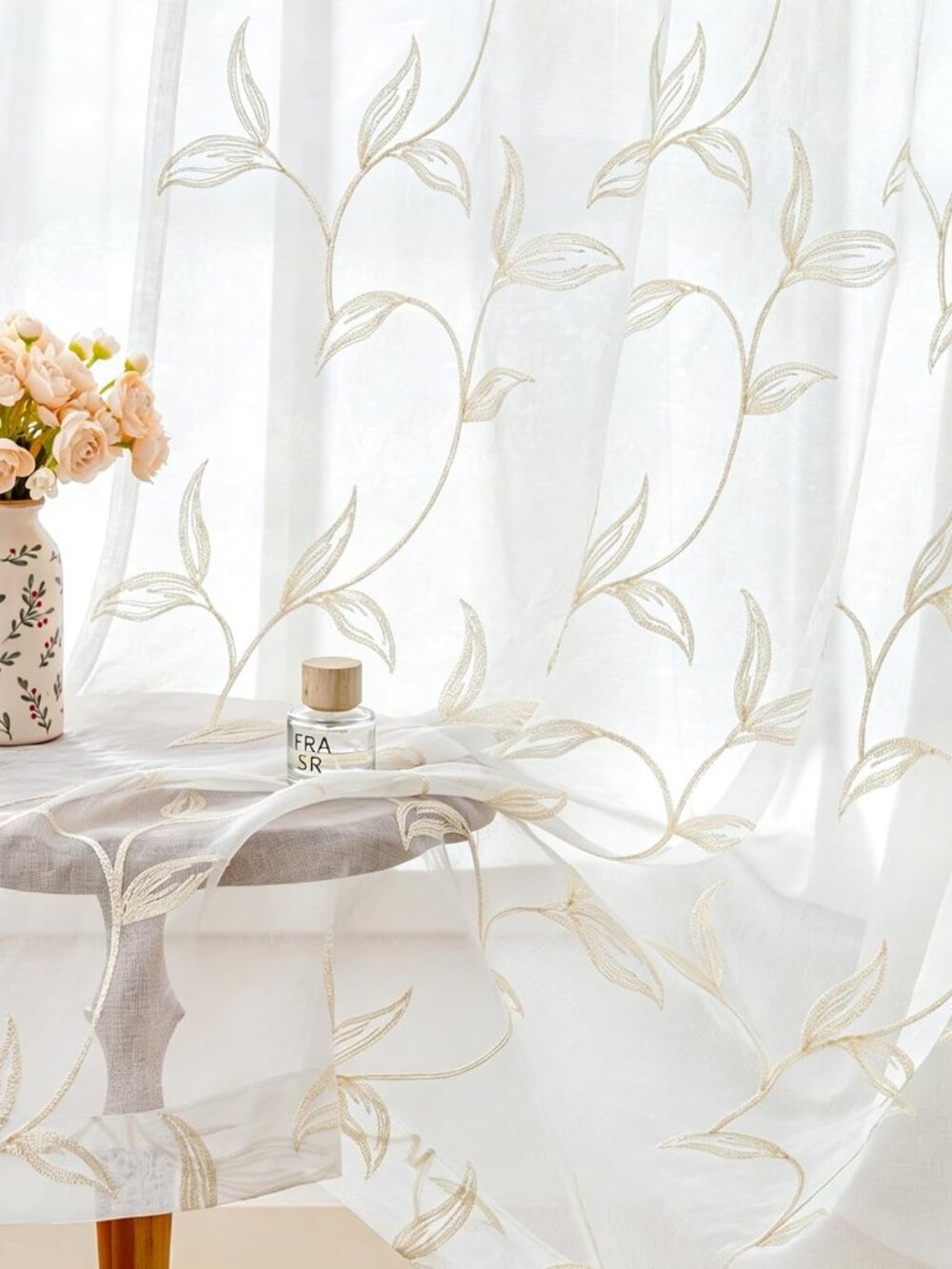 Sheer Curtains Boho Leaf Floral Embroidered Cream Beige 54Wx84L
